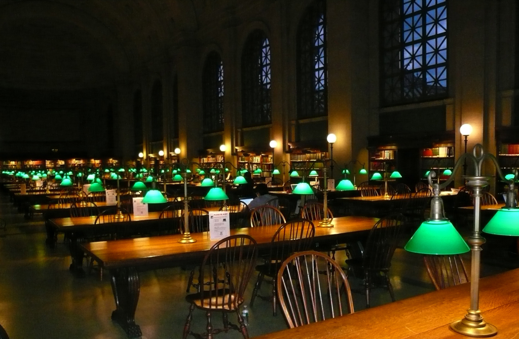 Night lighting inside the Boston Public Library